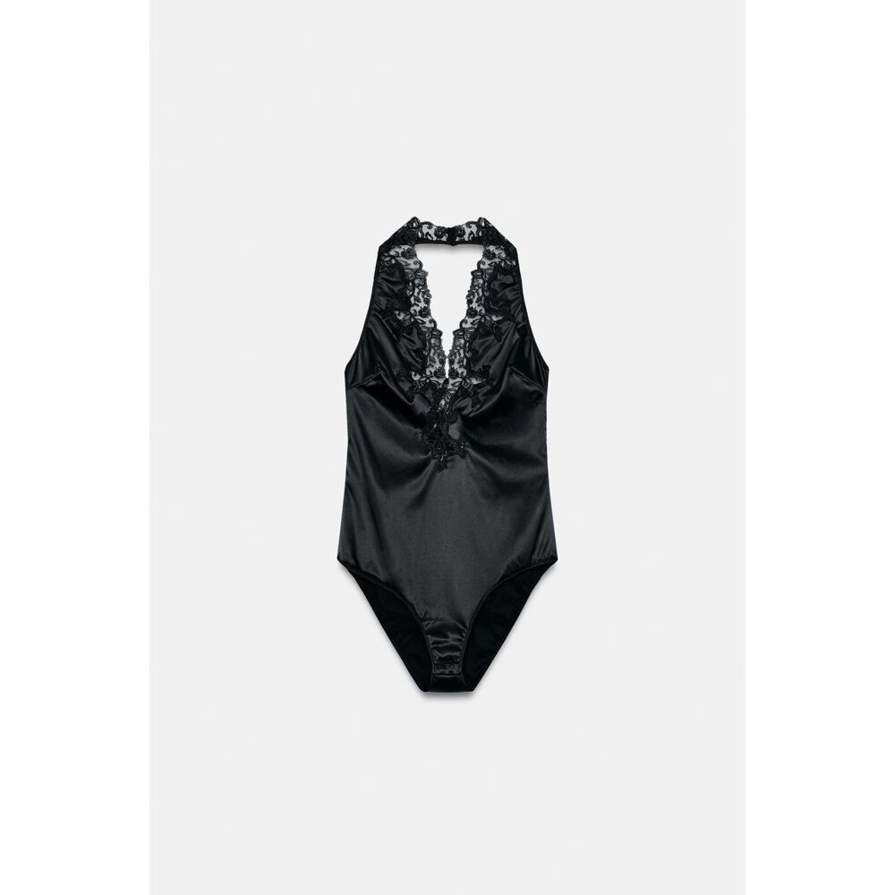 ZARA ZW Collection Lace Halter Satin Bodysuit Size S NWT